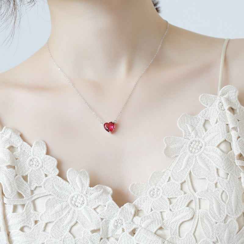 Red Crystal Heart Choker Necklace | S925 Sterling Silver Dainty Wedding Jewelry