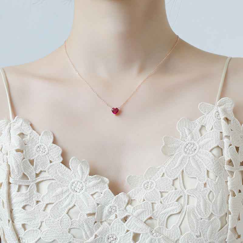 Red Crystal Heart Choker Necklace | S925 Sterling Silver Dainty Wedding Jewelry