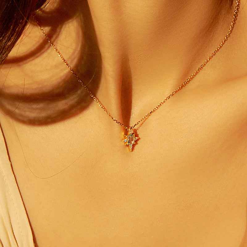 Vintage Celestial Blue Topaz Necklace - Stars & Moon Design in Gold-Plated Silver