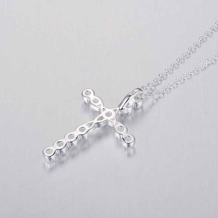 Creative Silver Cross Necklace with Zircon Accents and Blue or White Stones - 925 Silver-Plated
