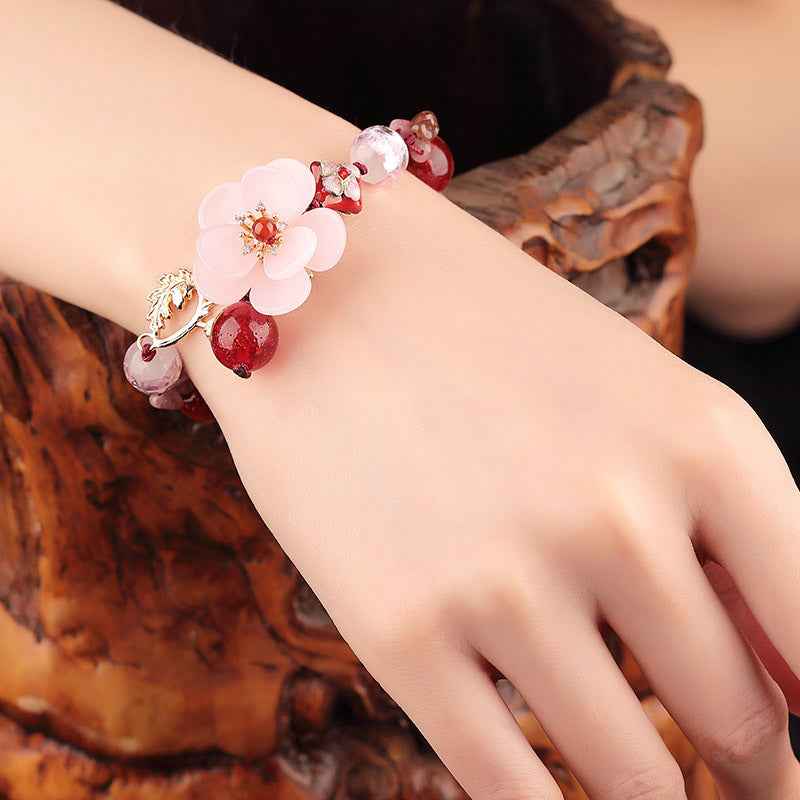 Flower Palace Tourmaline Bracelet for Women - Retro Cloisonné, Red Agate & Colored Glaze | Adjustable Luxury Jewelry