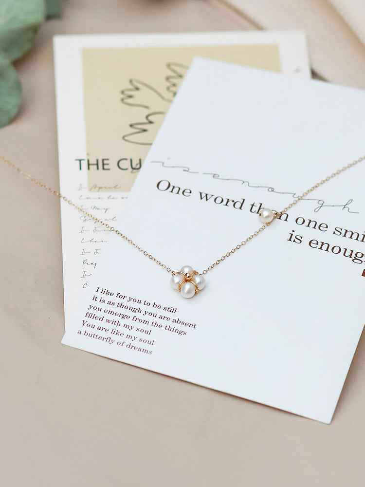 Natural Freshwater Pearl Necklace with 14K Gold-Plated Clover and Mother of Pearl Pendant, Adjustable Length