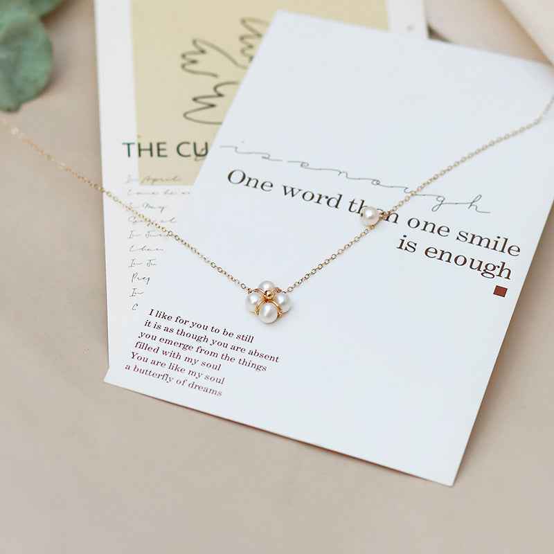 Natural Freshwater Pearl Necklace with 14K Gold-Plated Clover and Mother of Pearl Pendant, Adjustable Length