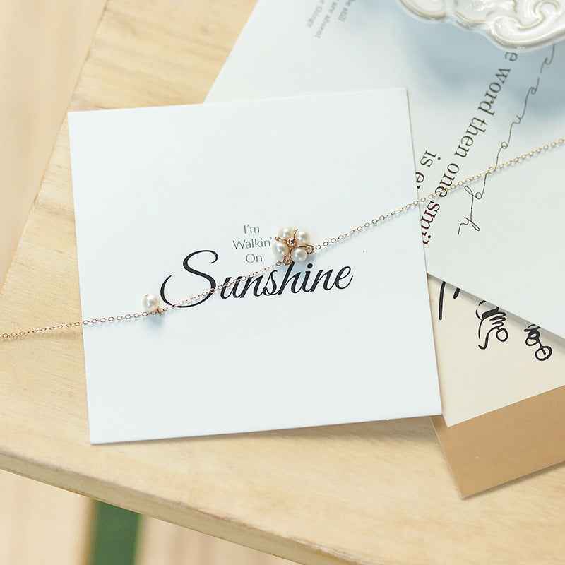 Natural Freshwater Pearl Necklace with 14K Gold-Plated Clover and Mother of Pearl Pendant, Adjustable Length