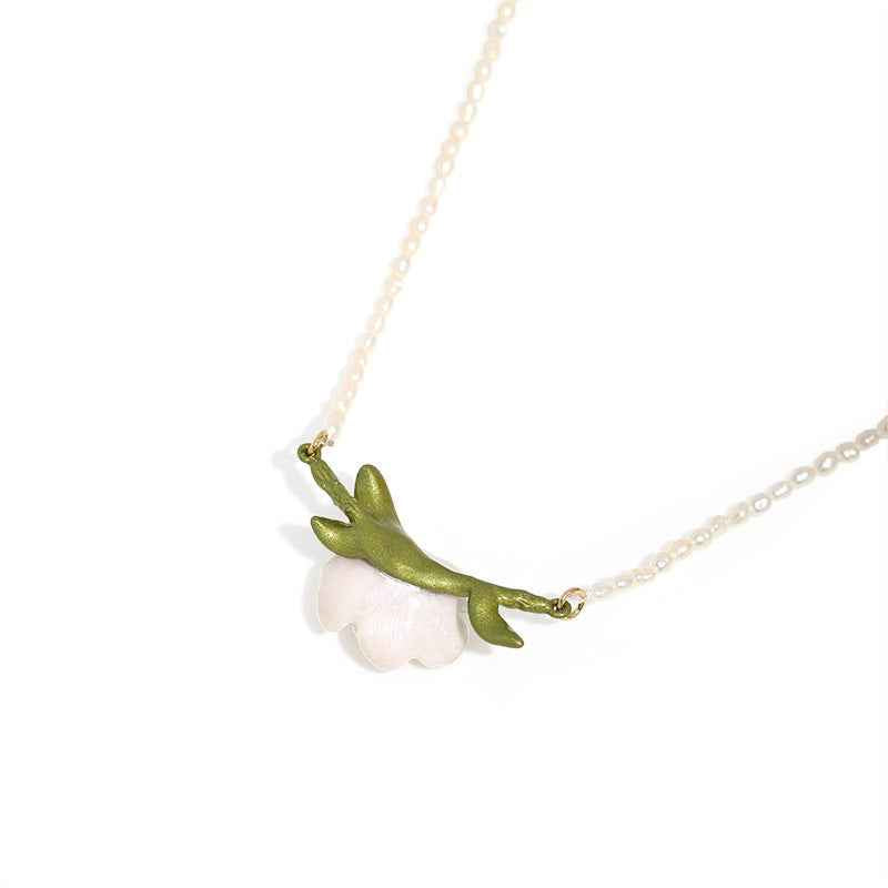 Magnolia Freshwater Pearl Necklace – Gold-Plated or Pearl Chain, Enamel Flower, Adjustable