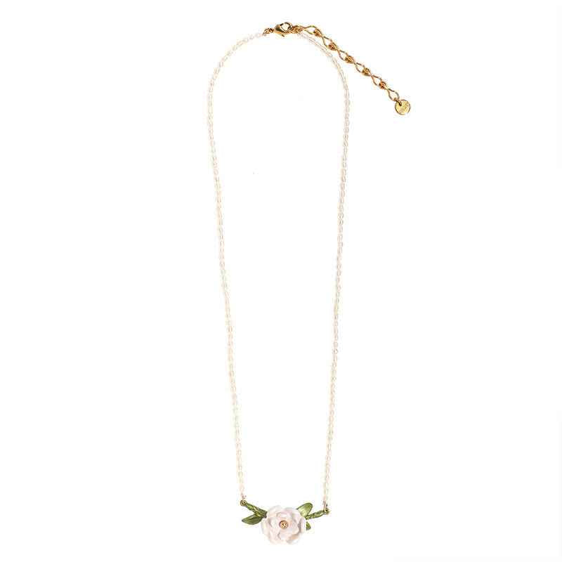 Magnolia Freshwater Pearl Necklace – Gold-Plated or Pearl Chain, Enamel Flower, Adjustable