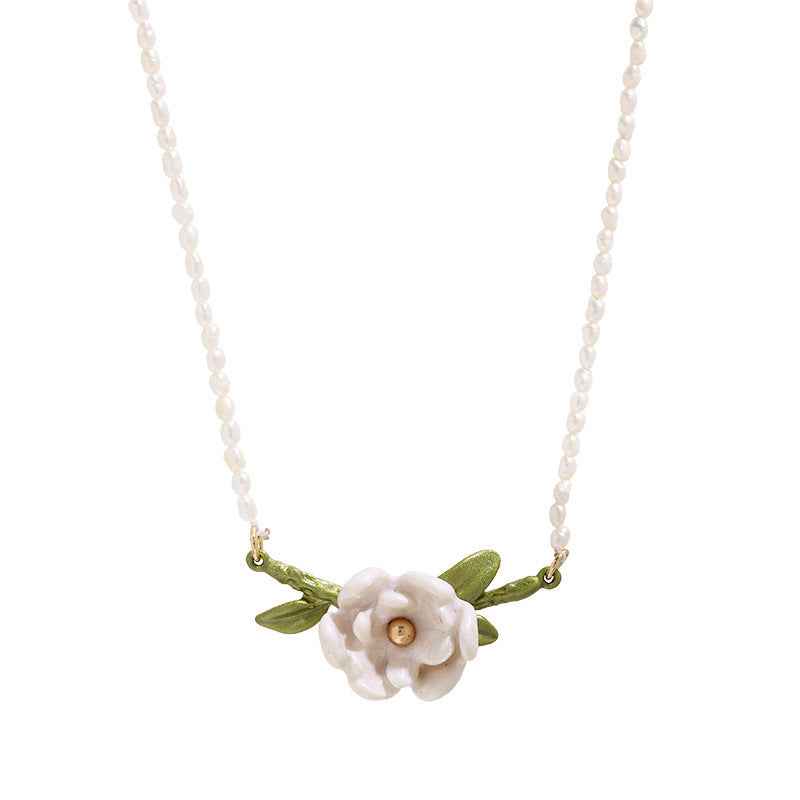 Magnolia Freshwater Pearl Necklace – Gold-Plated or Pearl Chain, Enamel Flower, Adjustable