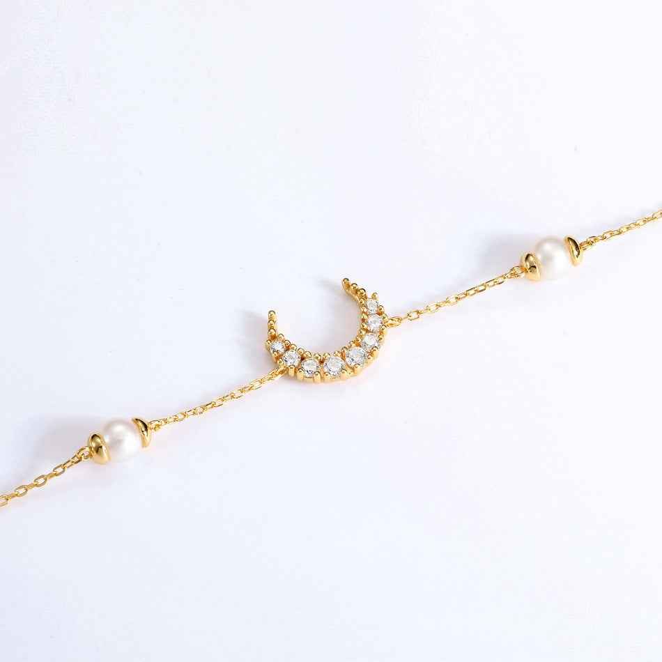 Korean-Style Pearl Bracelet with Freshwater Pearls & Moon Accents - Gold-Finished Silver, Celestial Romance