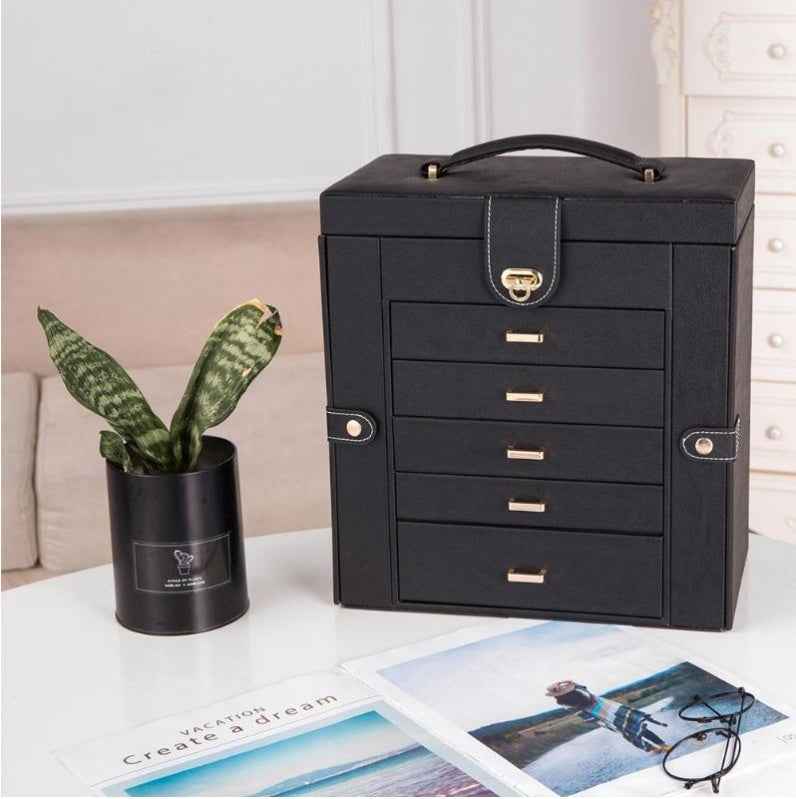 Oversized Leather Jewelry Box with Multi-Drawers, Large Capacity Organizer, Glass Mirror & Gold Handles