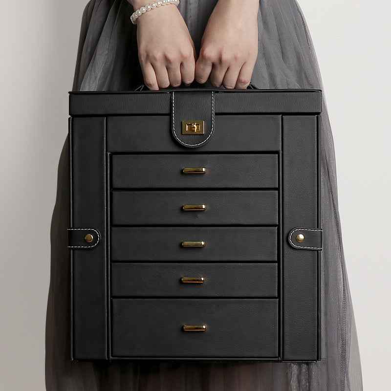 Oversized Leather Jewelry Box with Multi-Drawers, Large Capacity Organizer, Glass Mirror & Gold Handles
