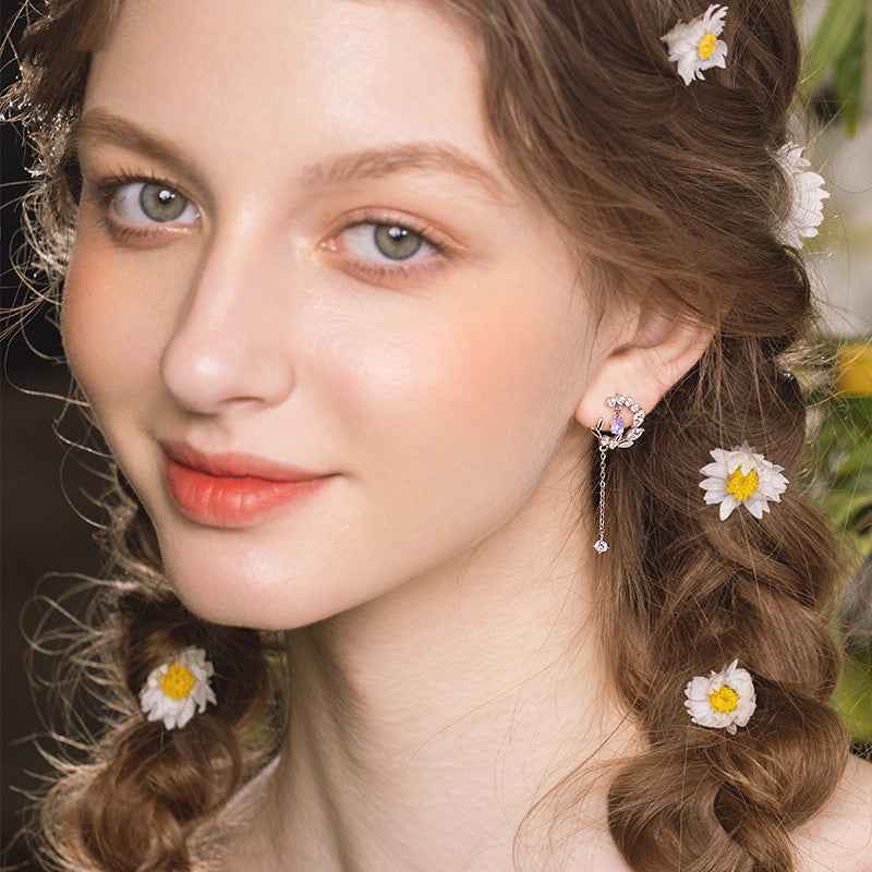 Purple Floral Drop Earrings - Artistic Flower Design in Electroplated Silver Alloy