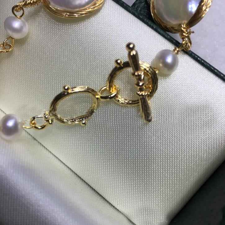 Luxury Freshwater Pearl Gold Bracelet with 14K Gold - Large 14mm Button Pearls, Double Loop or Single Ring