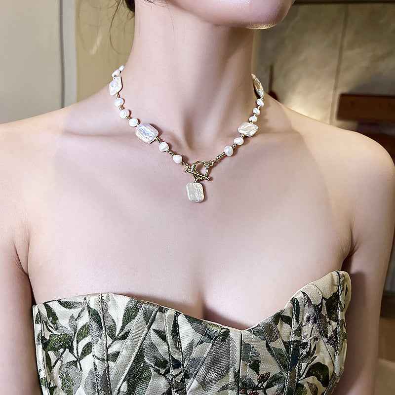 Baroque Pearl Toggle Necklace - Modern Classic with Mother of Pearl and Ball Bead Chain