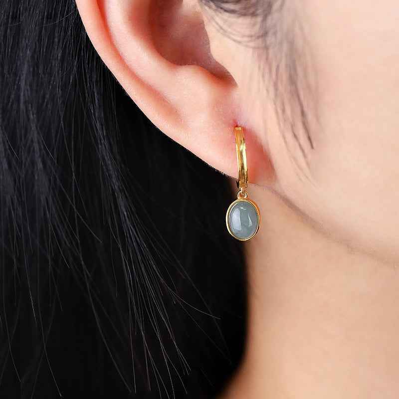 Natural Jade Egg Earrings – 925 Sterling Silver, Gold-Plated, Modern Chinese Design