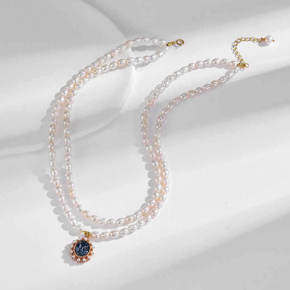 Vintage Pearl Necklace - Double-Layer Natural Pearls with Alloy Gem Drop in European Style