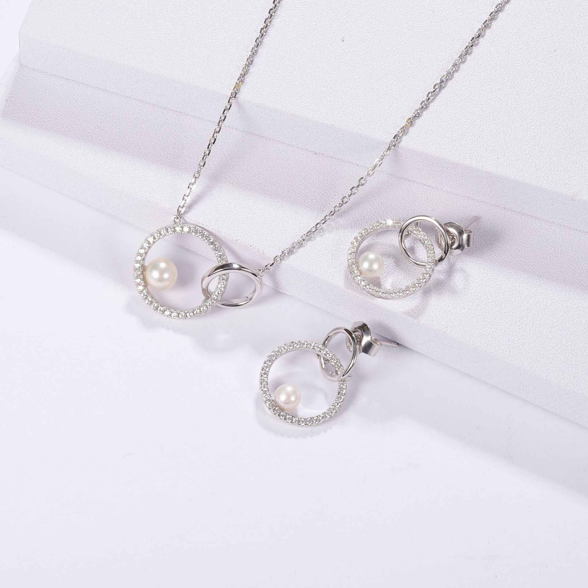 Natural Freshwater Pearl Jewelry Set | 925 Sterling Silver Necklace & Earrings in White Pearl, Cross Chain Design