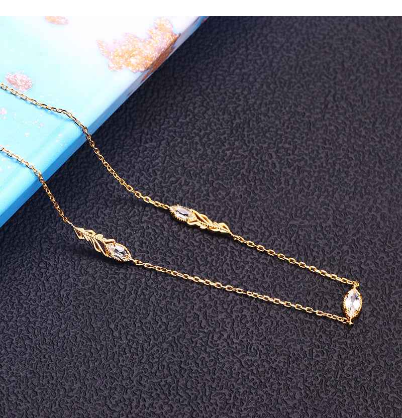 Marquise White Topaz Collar Necklace with Leaf Motif in Silver - Japan/Korea Style