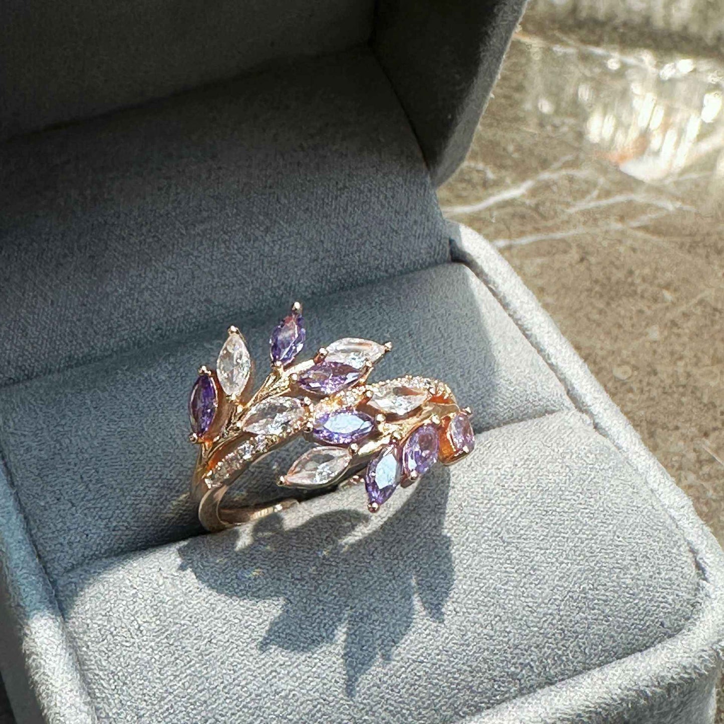 Rose Gold Geometric Zircon Ring - Unisex Real Gold Jewelry in Purple, Blue, Green Options