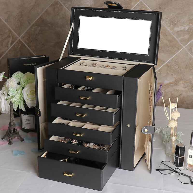 Oversized Leather Jewelry Box with Multi-Drawers, Large Capacity Organizer, Glass Mirror & Gold Handles