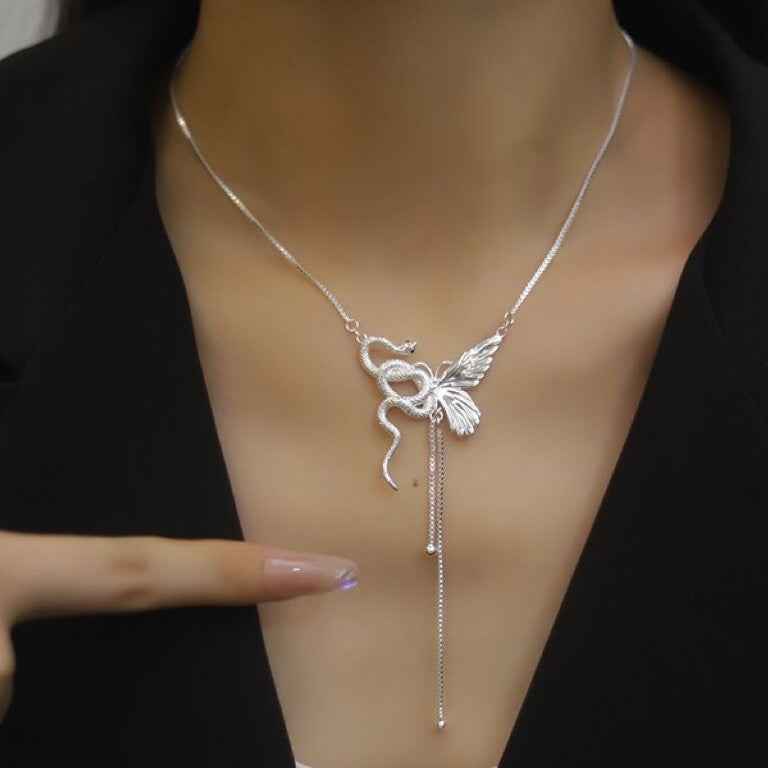 Butterfly Snake Pendant Necklace – Unisex Silver-Plated Copper Bold Statement Design