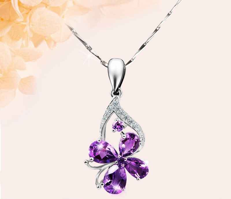 Purple Crystal Pendant Necklace in S925 Sterling Silver – Four Leaf Clover or Love Design