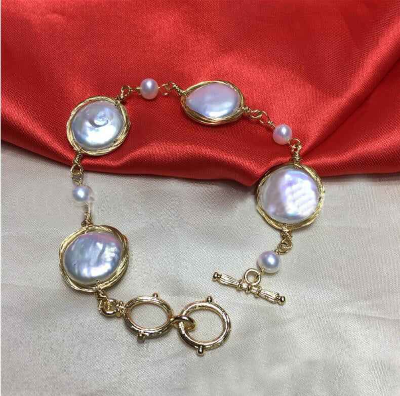 Luxury Freshwater Pearl Gold Bracelet with 14K Gold - Large 14mm Button Pearls, Double Loop or Single Ring