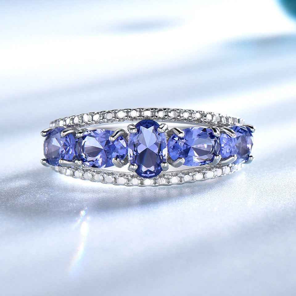 Egg-Shaped Sapphire Tanzanite Ring - Elegant Silver Electroplated Blue Gemstone Oval Jewelry for Women