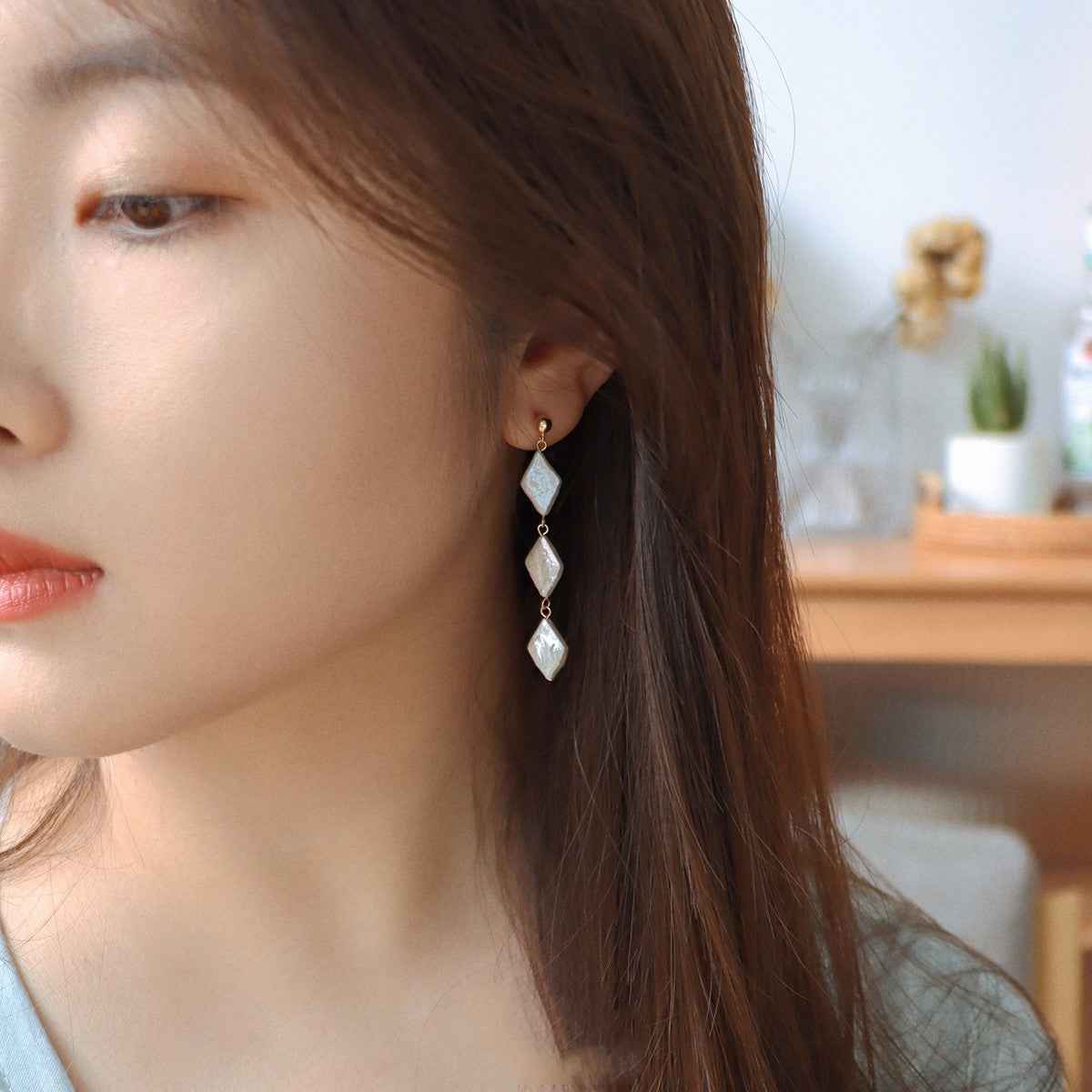 Natural Baroque Pearl Earrings - Statement Rhombus Design, 6cm, Pierced & Non-Pierced Options