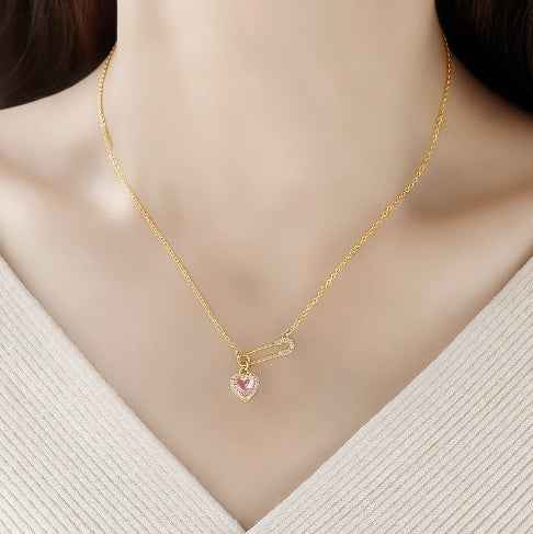 Pink Heart Safety Pin Necklace - Trendy and Chic Accessory