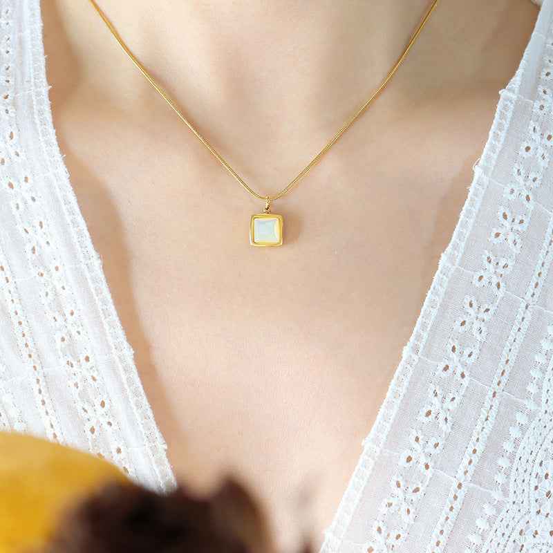14K Gold Plated Jade Necklace with White Jade Pendant on Adjustable Stainless Steel Chain