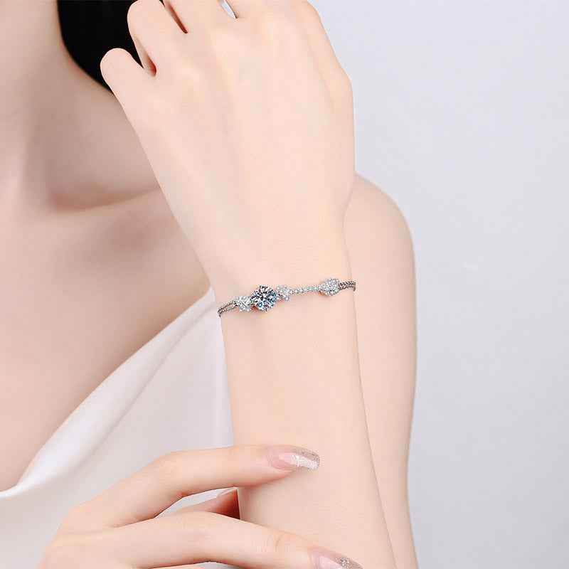 Sterling Silver Double Chain Bracelet with Moissanite or Zircon Stone Options