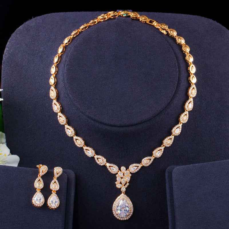 Long Water Drop Zircon Jewelry Set – Luxury Gold-Plated Necklace, Earrings & Bracelet, 3-Piece Set