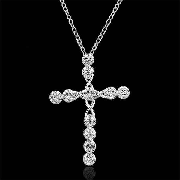 Creative Silver Cross Necklace with Zircon Accents and Blue or White Stones - 925 Silver-Plated