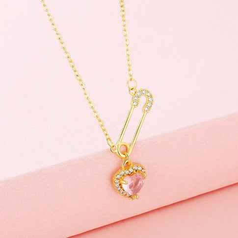 Pink Heart Safety Pin Necklace - Trendy and Chic Accessory