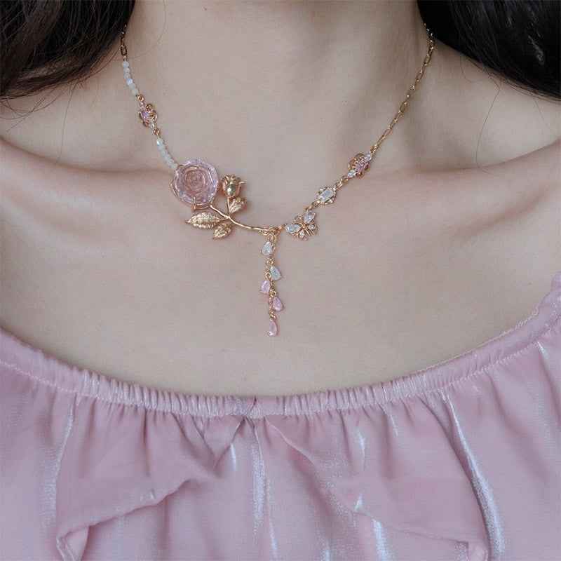 Vintage Heart Rose Necklace – Gold-Plated Copper with Mother of Pearl, Romantic Classic