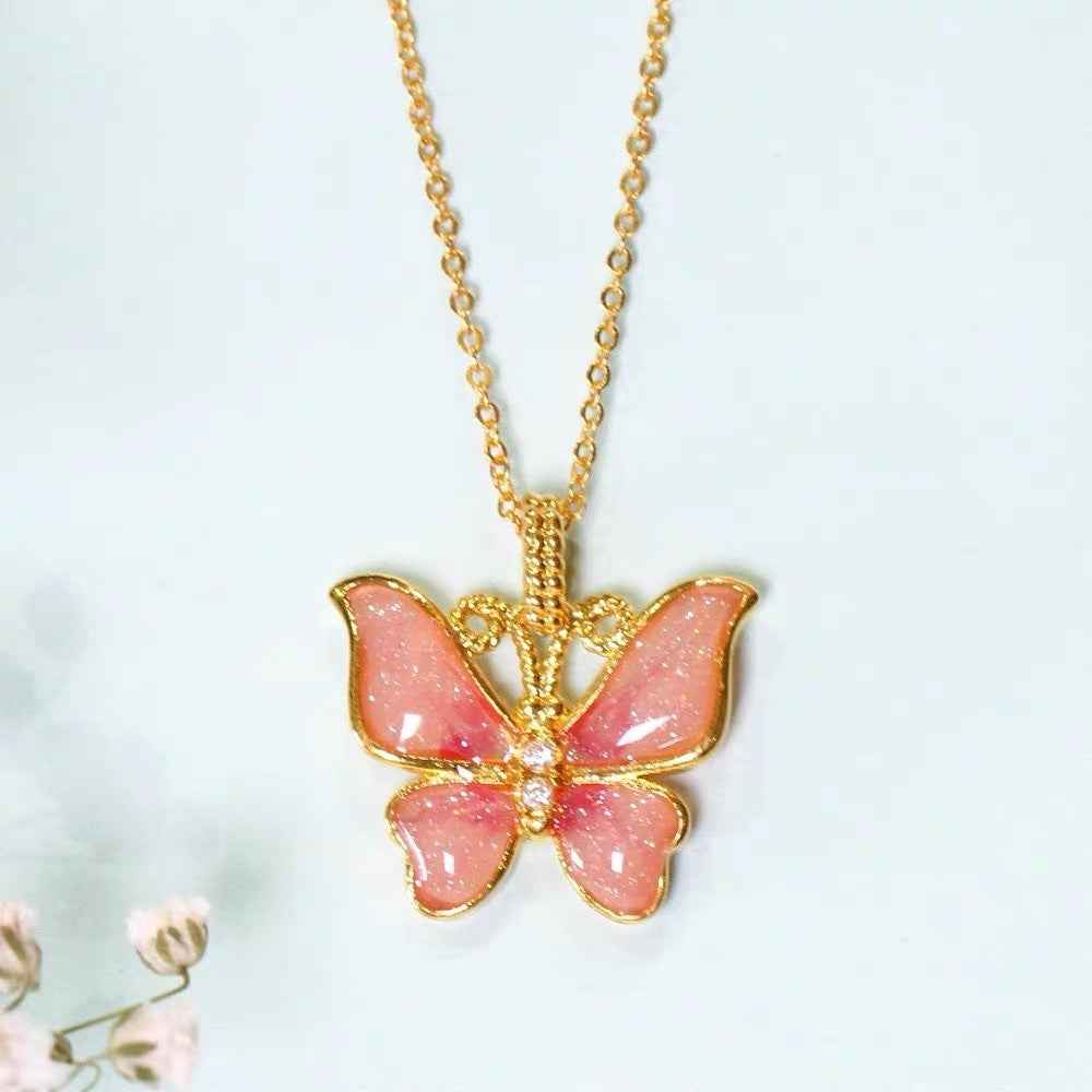Enamel Butterfly Necklace - 18K Gold Color-Preserving Charm on Silver Chain, Versatile Luxury Accessory