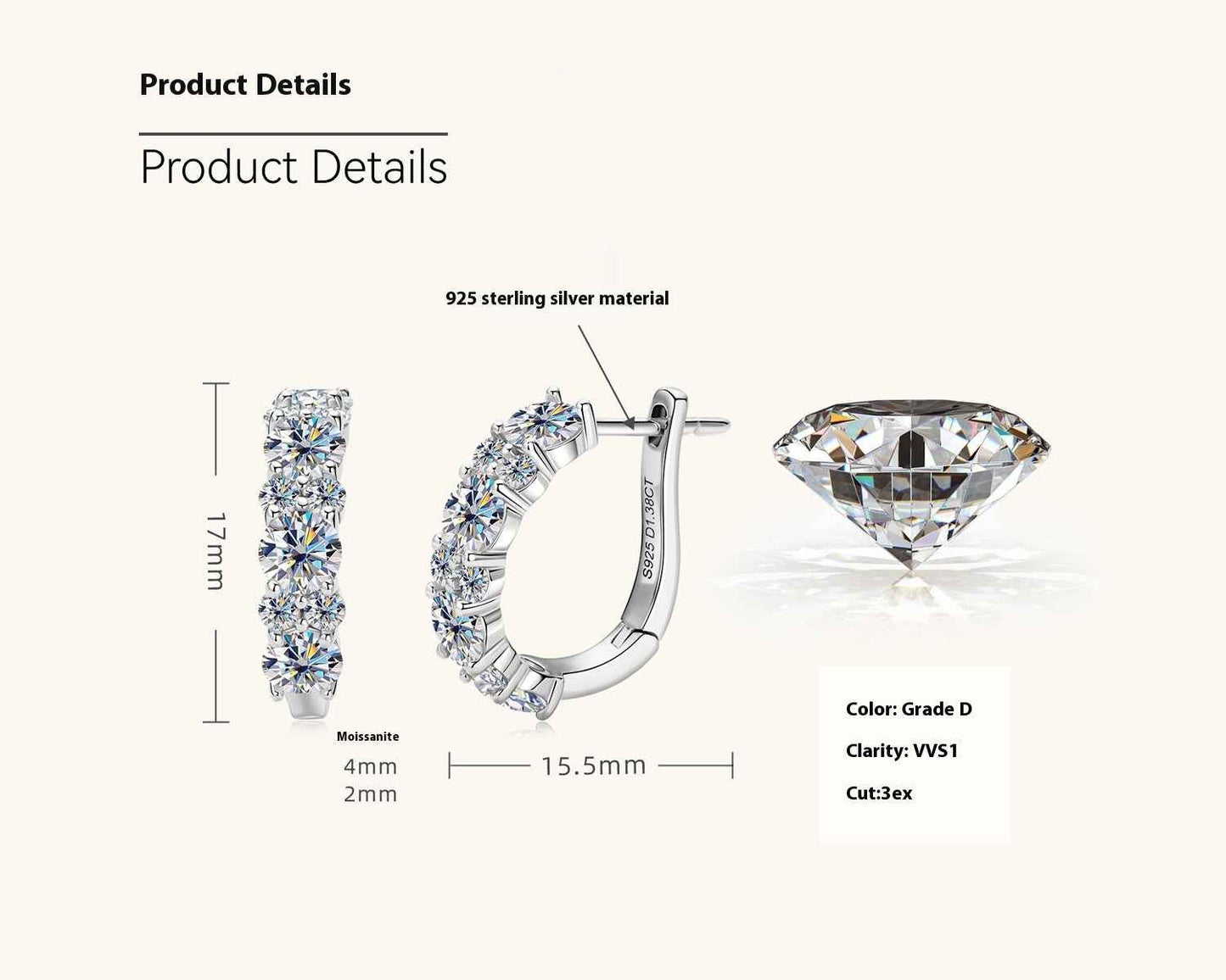 Moissanite Drop Earrings – Modern U-Shaped Design in Gold or White Finish, 1.38ct Total