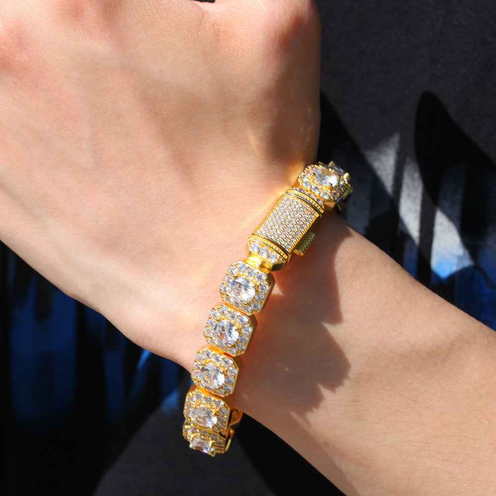Hip-Hop Zircon Bracelet – Geometric Micropaved Unisex Statement Jewelry (Gold or Silver, 7" & 8" Options)