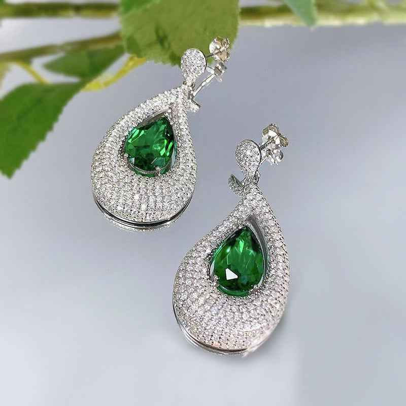 Emerald Green Diamond Accent Stud Earrings in Asymmetric Artistic Design - 925 Sterling Silver