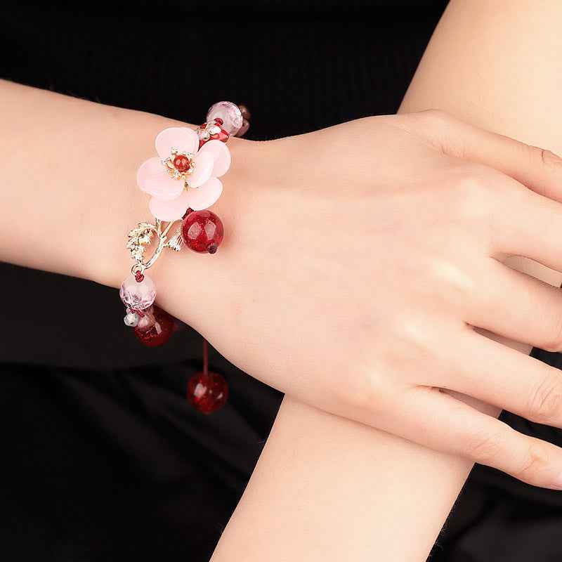 Flower Palace Tourmaline Bracelet for Women - Retro Cloisonné, Red Agate & Colored Glaze | Adjustable Luxury Jewelry