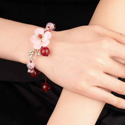 Flower Palace Tourmaline Bracelet for Women - Retro Cloisonné, Red Agate & Colored Glaze | Adjustable Luxury Jewelry