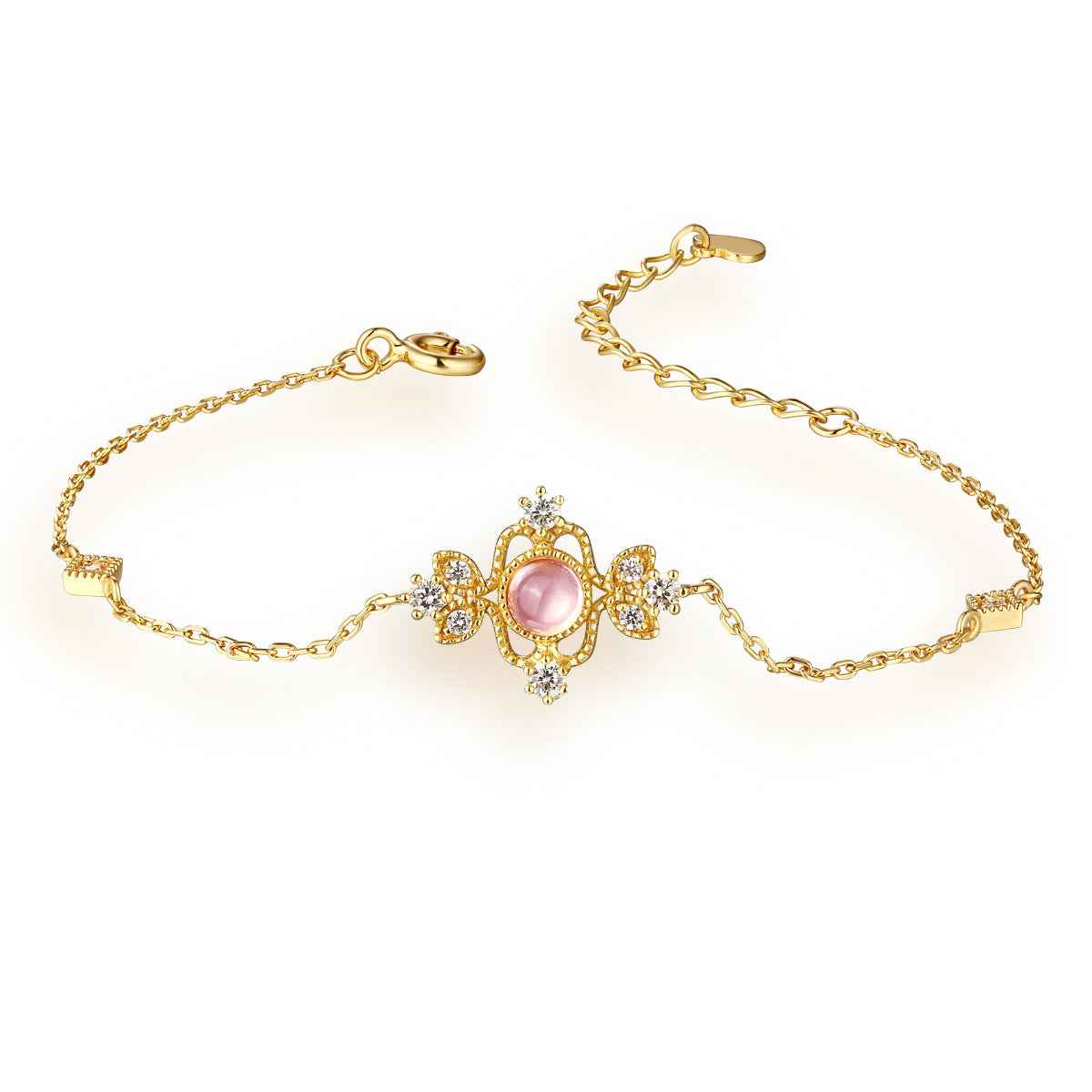 Natural Pink Crystal Bracelet - Adjustable S925 Sterling Silver & Gold-Plated with Blue Moonstone