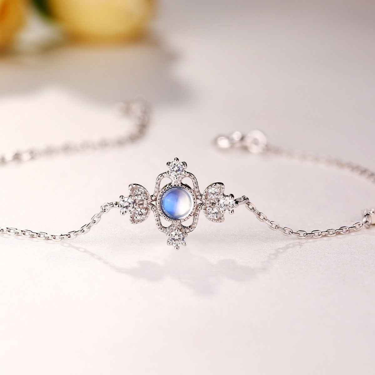 Natural Pink Crystal Bracelet - Adjustable S925 Sterling Silver & Gold-Plated with Blue Moonstone