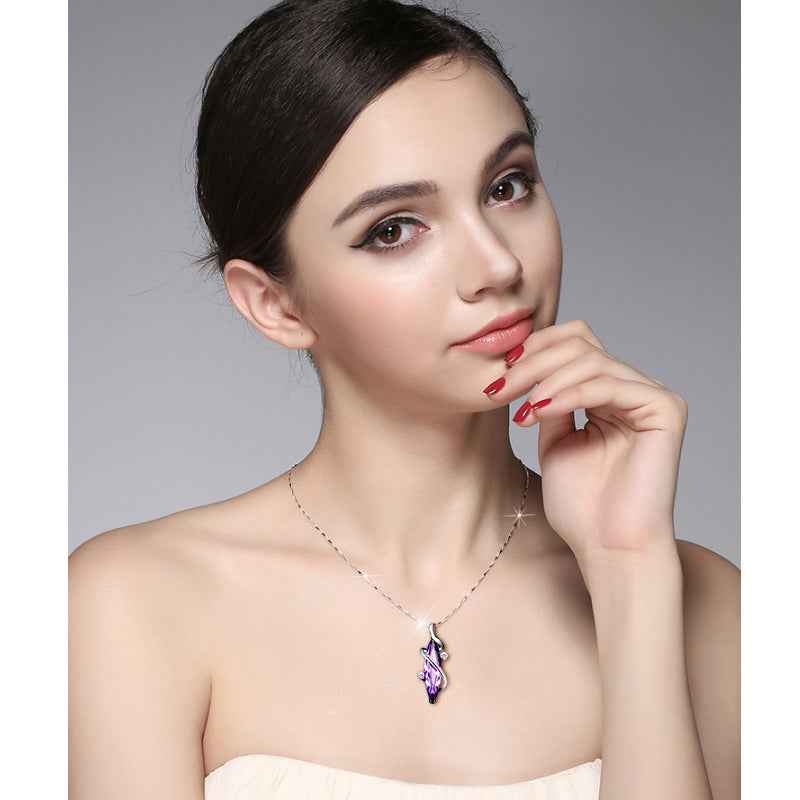 Purple Crystal Pendant Necklace in S925 Sterling Silver – Four Leaf Clover or Love Design