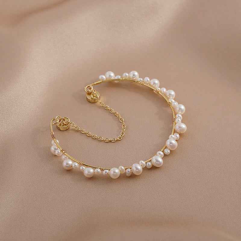 Woven Freshwater Pearl Bracelet - Original Design with Mother Pearl Shell Accent