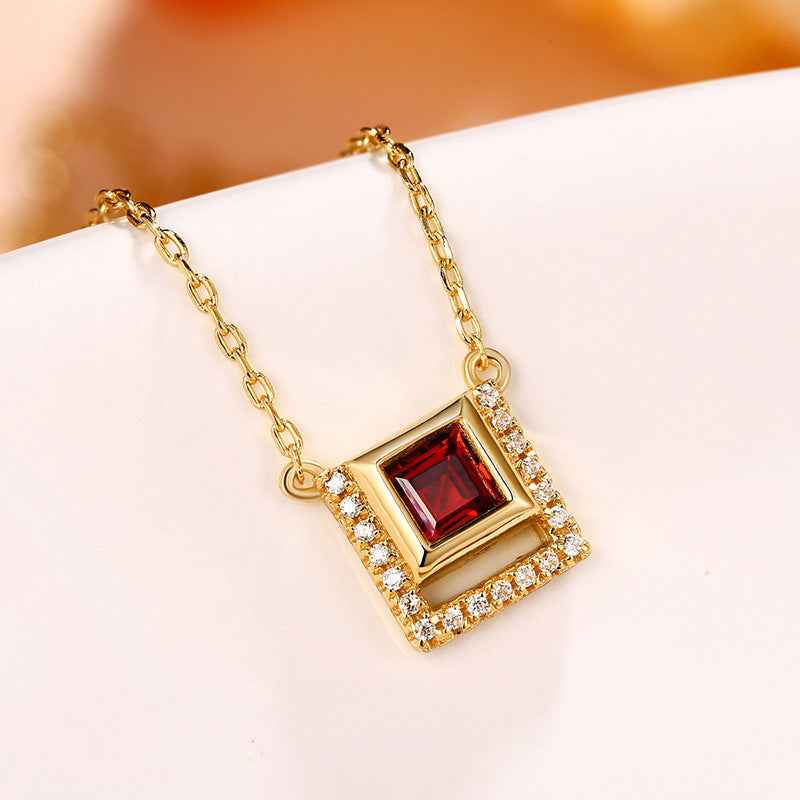 Natural Red Garnet Pendant Necklace in Gold-Plated S925 Sterling Silver with Adjustable Chain