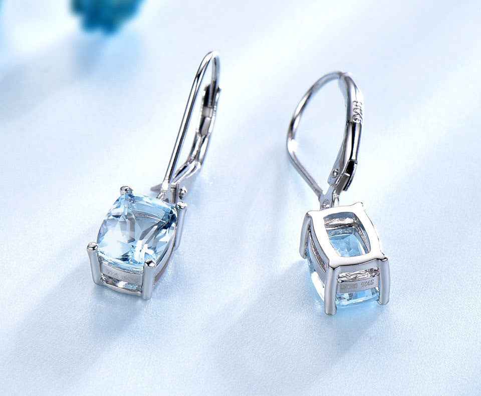 Blue Topaz Geometric Earrings in 925 Sterling Silver - Modern Drop Design