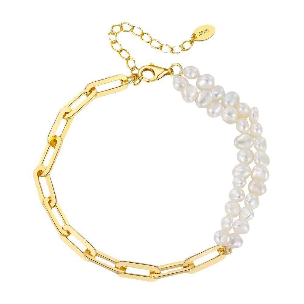 Natural Water Pearl Bracelet in Sterling Silver with 14K Gold or Platinum Finish - Geometric Elegance