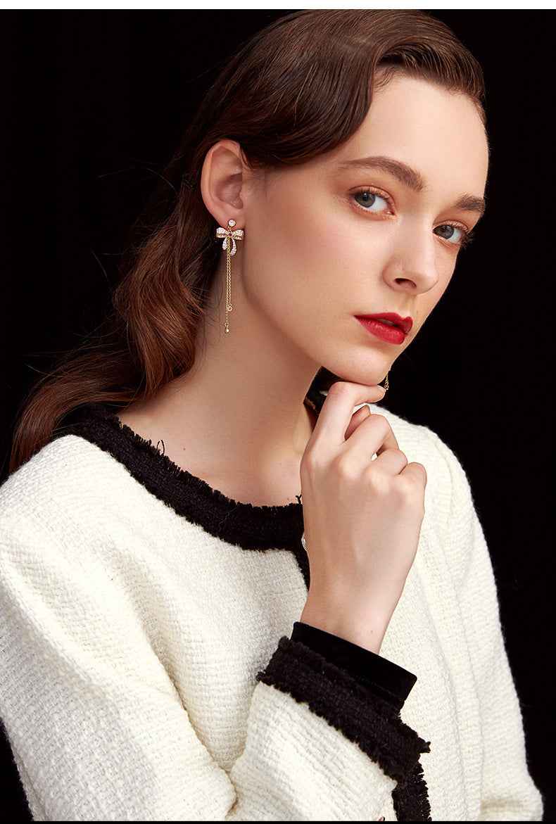 Gold Tassel Drop Earrings in Sterling Silver with Bow Design