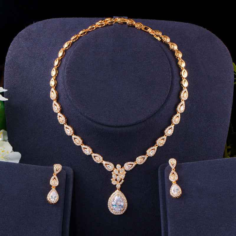 Long Water Drop Zircon Jewelry Set – Luxury Gold-Plated Necklace, Earrings & Bracelet, 3-Piece Set